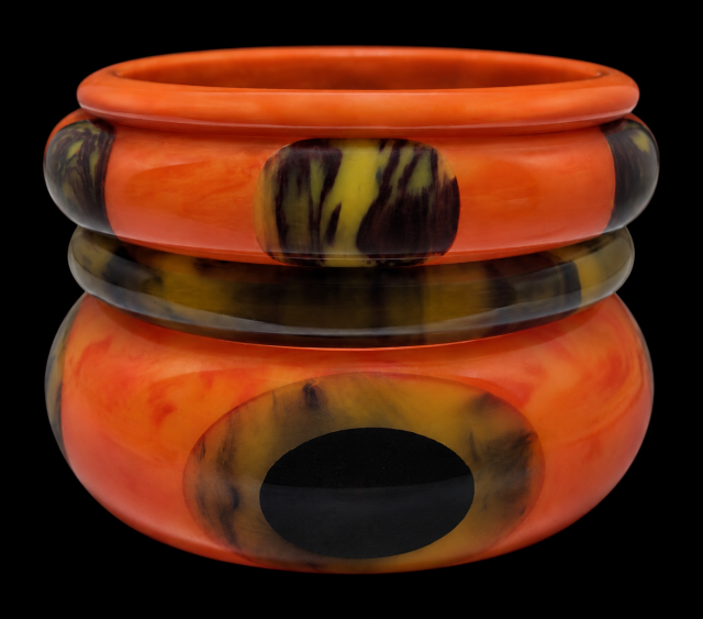 Shultz marbled orange and blueberry custard bakelite bangle/double oval dots